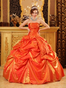 Puffy Orange Red Special Fabric Quinceanera Dress Pick-ups