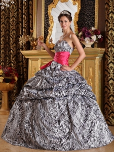 Customized Zebra Print Quinceanera Dress with Hot Pink Sash