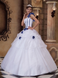 White and Royal Quince Dress One Shoulder Hand Flowers
