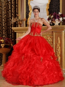 Pretty Red Organza Sweet 16 Dress Strapless Gold Appliques