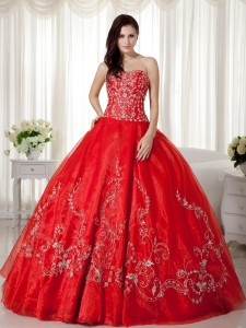 Strapless Floral Embroidery Red Quinceanera Dress Zipper Up