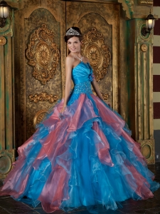 Sky Blue and Watermelon Quinceanera Dress with Crystal