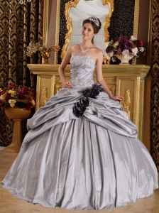 Gray Quinceanera Dress Strapless Taffeta Flowers Appliques