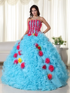 Aqua Ball Gown Strapless Organza Beading Quinceanera Dress