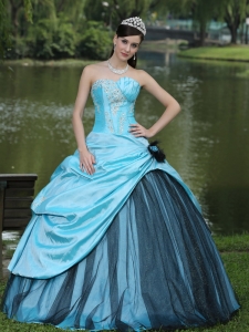 Aqua Blue Taffeta Quinceanera Dress Black Tulle Appliques