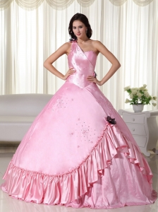Baby Pink Ball Gown One Shoulder Quinceanera Dress