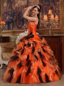 Ruffled Orange and Black Quinceanera Dress Strapless