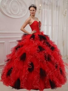 Ruffled Red and Black Quinceanera Dress Flower Appliques