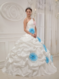 White And Aqua Quinceanera Dress One Shoulder With Flowers