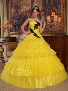 Yellow And Black Quinceanera Dress Strapless Organza Appliques