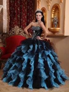Black and Sky Blue Quinceanera Dress Ruffle and Beading