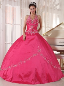 2013 Halter Taffeta Appliques Coral Red Quinceanera Dress