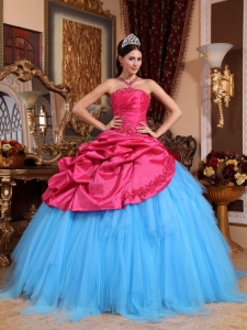 Blue And Red Applique Tulle Quinceanera Dress