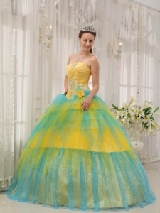 Sequince Yellow and Blue Quinceanera Dress Strapless