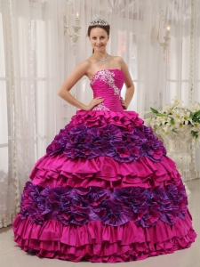 Straplesas Fuchsia Quinceanera Dress Appliques and Ruffles