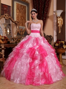 Sweethart Beading Pink And Red Organza Quinceanera Dress