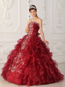 Wine Red Quinceanera Dress Strapless Embroidery Ball Gown