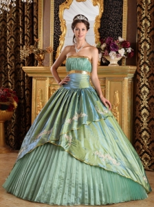 Lemon Green Ruching Quinceanera Dress Strapless Embroidery