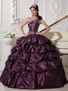 Dark Purple One Shoulder Applique Quinceanera Dress