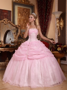 Baby Pink Appliques Strapless Organza Quinceanera Dress