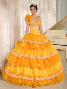 Orange One shoulder Lace trim Sweetheart Quinceanera Dress