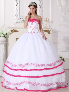 Strapless Embroidery White and Hot Pink Quinceanera Dress