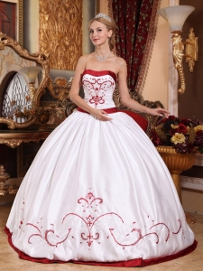 White Quinceanera Dress With Wine Red Trim And Bustline