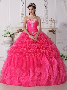 Hot Pink Quinceanera Dress Strapless With Embroidery Ruffles