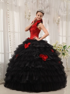 Red and Black Quinceanera Dress Halter Ball Gown