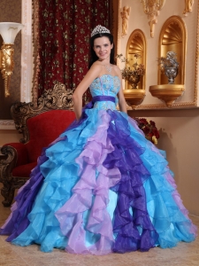 Cute Quinceanera Gowns Colorful Ruffles with Flowers Sash