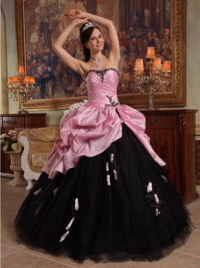 Rose Pink and Black Strapless Hand Flowers Sweet 16 Dress