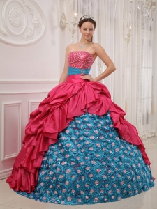 Hot Pink and Blue Quinceanera Dress Taffeta Flower Pattern