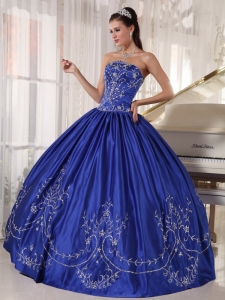 Navy Blue Quinceanera Dress Strapless Satin Embroidery