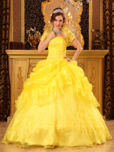 Yellow Strapless Appliques Ruffles Quinceanera Dress