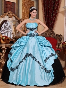 Strapless Appliques Baby Blue and Black Sweet 16 Dress