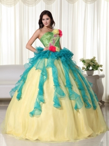 Teal and Yellow Strapless Organza Beading Quinceanera Dress