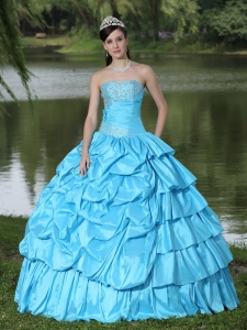 Aqua Blue Beaded Layered Quinceanera Dress For Clearance