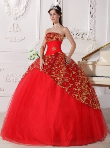 Red Quinceanera Dress Strapless Tulle Beading Ball Gown Ruched