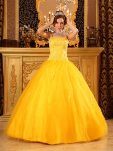 Yellow Spaghetti Straps Beading Satin and Tulle Quinceanera Dress