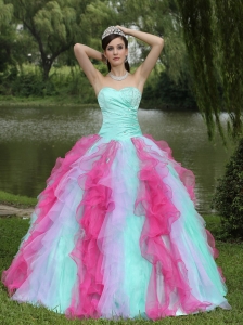 Multi-colored Sweetheart Quincenaera Dress Beaded Ruffle Layers