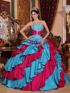 Aqua And Red Embroidery Layered Quinceanera Dress
