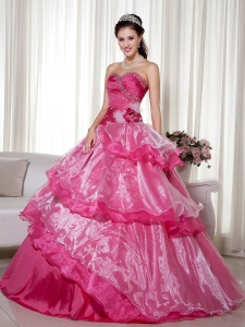 Hot Pink Sweetheart Beading Hand Made Flower Quinceanera Dress