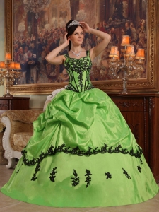 Spring Green Quinceanera Dress Straps Black Appliques