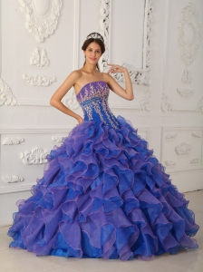 Royal Blue and Purple Quinceanera Dress Strapless Applique 2012