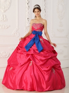 Coral Red Beading Pleated Clearance With Blue Bow
