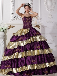 Purple Gold Embroidery Quinceanera Dress Strapless Floor-length