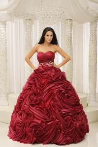 Wine Red Beading Rolling Flower Quinceanera Dress 2013