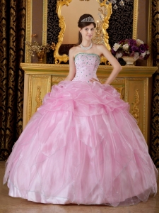 Baby Pink Sweet 16 Dress Strapless Organza Beading Ball Gown