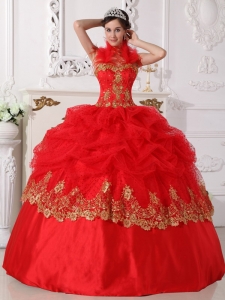 Red and Gold Quinceanera Dress Halter Beaded and Appliques