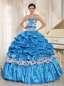 Beaded and Pick-ups Aqua Blue Quinceanera Dress with Print